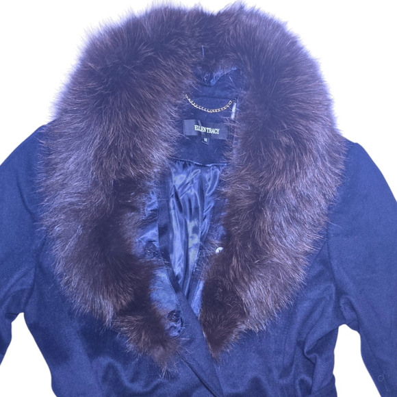 Women's Ellen Tracy Wool Coat, Size 14, Navy Faux Fur, Long, Belt - Picture 3 of 10